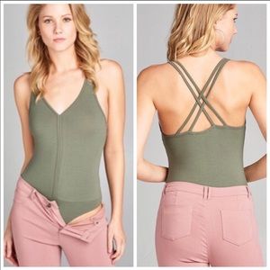 New ! Olive Strappy Cross Body Bodysuit
